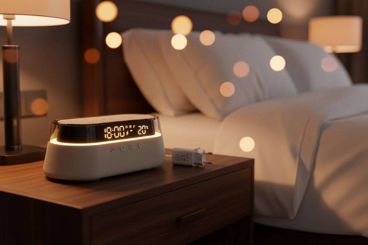 6-In-1 Smart Alarm Clock - 15W Wireless Charger, Bluetooth Speaker, FM Radio, Dual Alarm, USB Charger & RGB Night Light