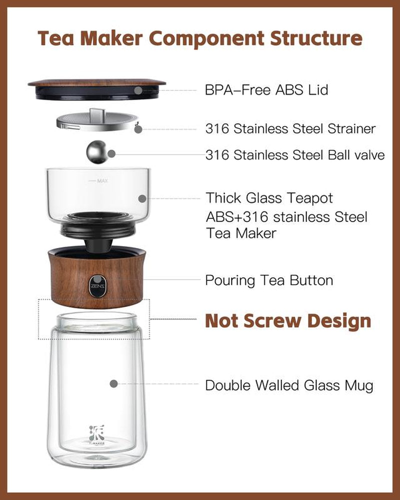 ZENS Modern Borosilicate Glass Teapot with One-Touch Infuser for Loose Leaf Tea Insulated Mug Portable Tea Kit for Office Travel Ideal Gift for Tea Lovers - Wooden