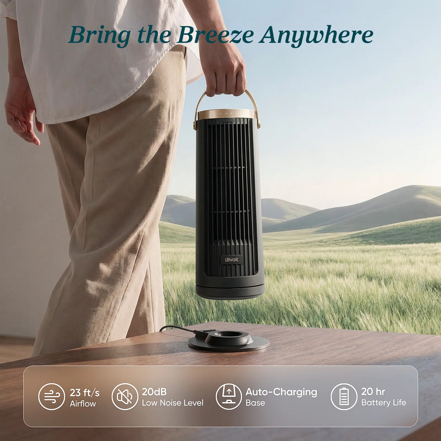 LEVOIT 2026 New Windi Tower Fan, Portable, up to 20H Runtime, 5 Speeds + Turbo, 0–90° Oscillation, 20Db Quiet DC Motor, 23 Ft/S Airflow, Night Light, Foldable Charging Base, Timer 2/4/8/12H, Cooling Fan, Cordless Fan, Summerwins