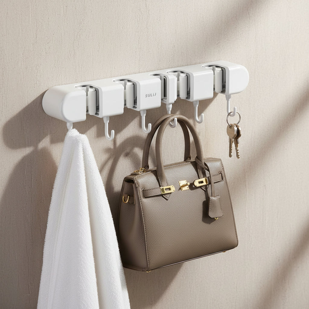 Broom Mop Holder with Hooks Wall Mounted Broom Storage Rack No Drilling Self-Adhesive Mop Broom Organizer for Bathroom
