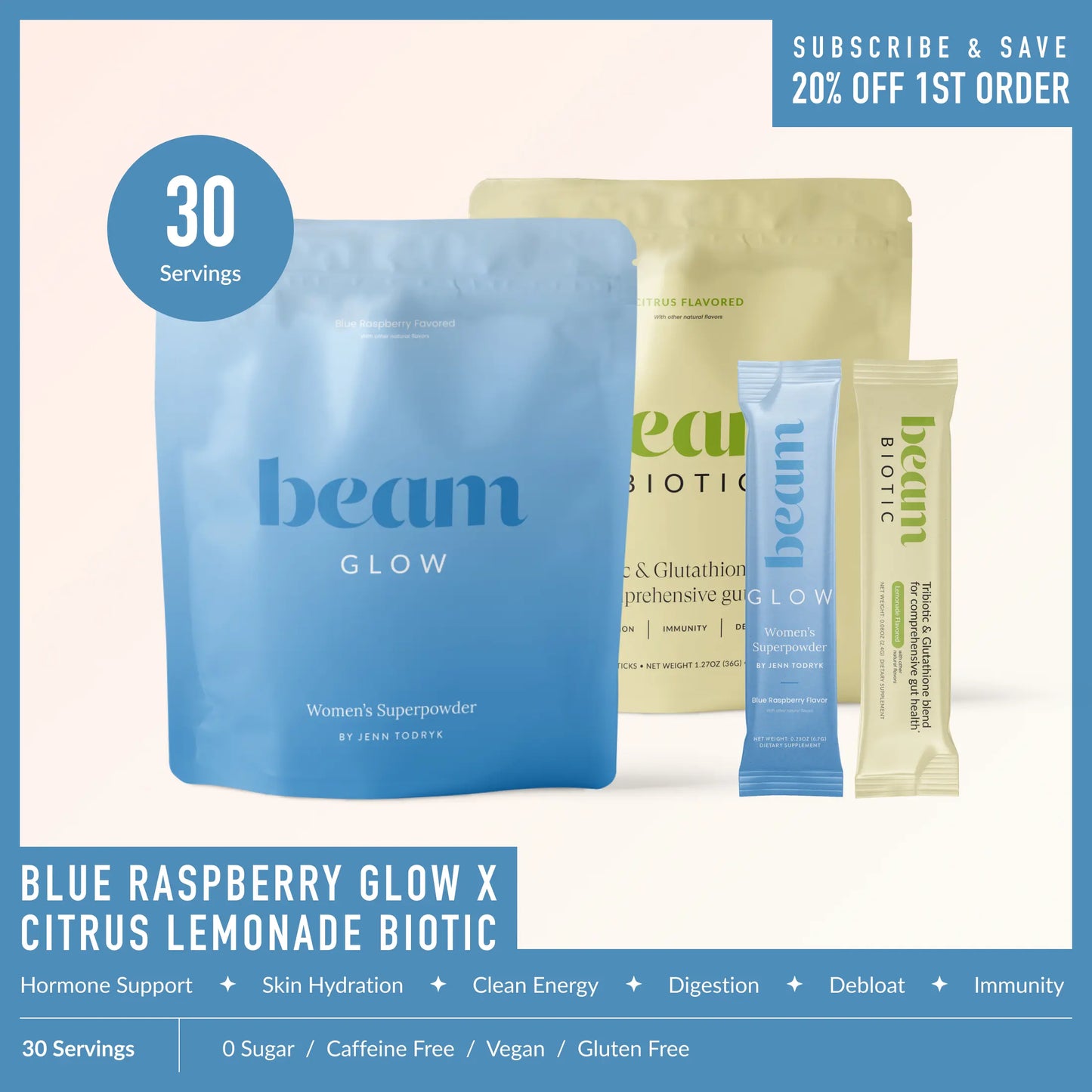 Beam Glow + Biotic Duo — 30 Single-Serve Sticks for Hormone Balance & Gut Health (Strawberry Kiwi + Mixed Berry)