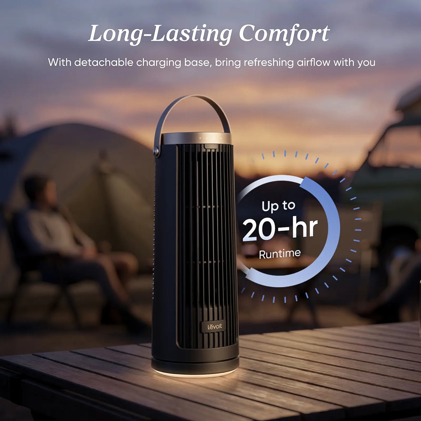 LEVOIT 2026 New Windi Tower Fan, Portable, up to 20H Runtime, 5 Speeds + Turbo, 0–90° Oscillation, 20Db Quiet DC Motor, 23 Ft/S Airflow, Night Light, Foldable Charging Base, Timer 2/4/8/12H, Cooling Fan, Cordless Fan, Summerwins