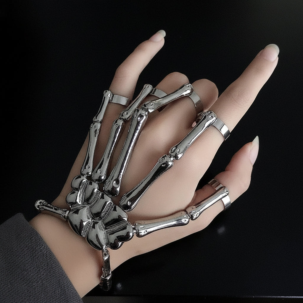 Gothic Skeleton Bone Hand Bracelet with Ring Unisex Punk Style Adjustable Metal Skull Finger Bangle Bracelet for Women Men
