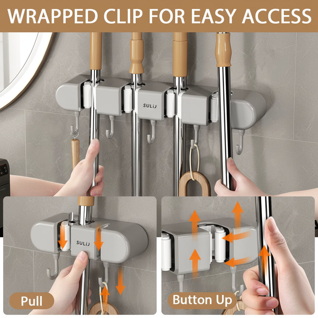 Broom Mop Holder with Hooks Wall Mounted Broom Storage Rack No Drilling Self-Adhesive Mop Broom Organizer for Bathroom