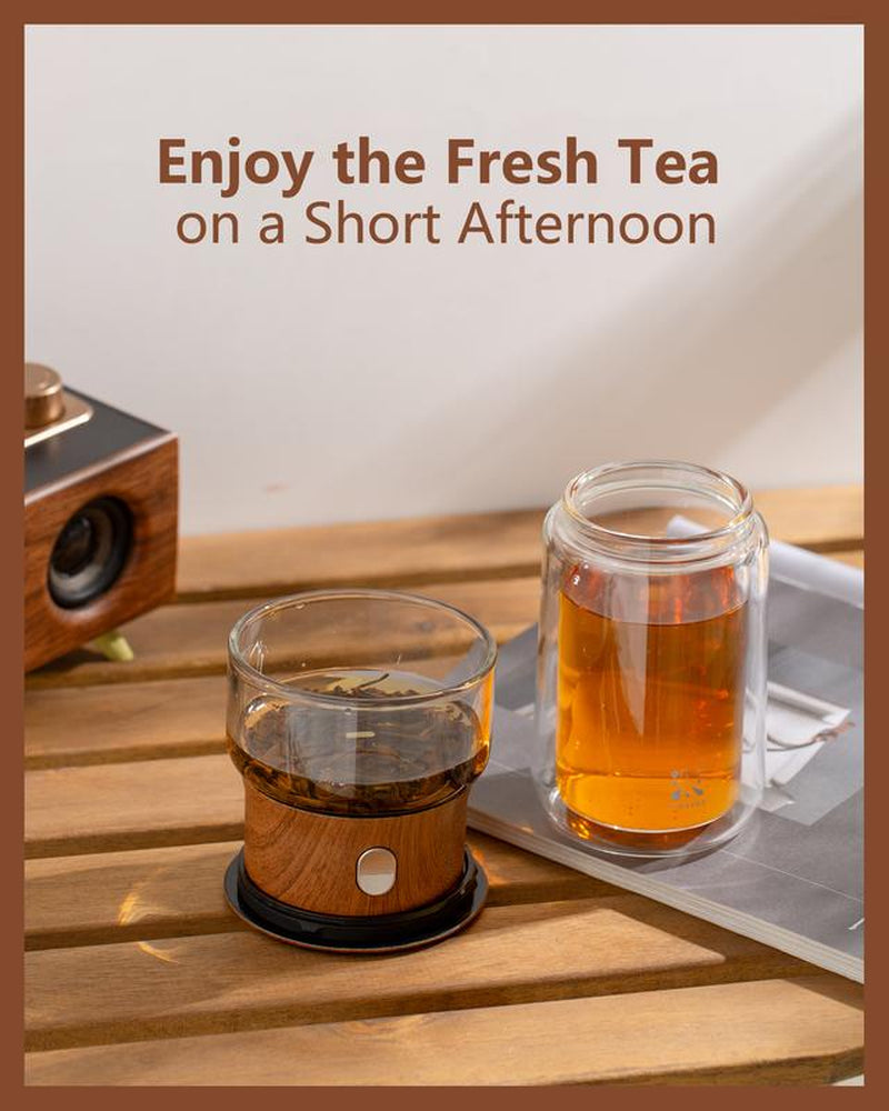 ZENS Modern Borosilicate Glass Teapot with One-Touch Infuser for Loose Leaf Tea Insulated Mug Portable Tea Kit for Office Travel Ideal Gift for Tea Lovers - Wooden