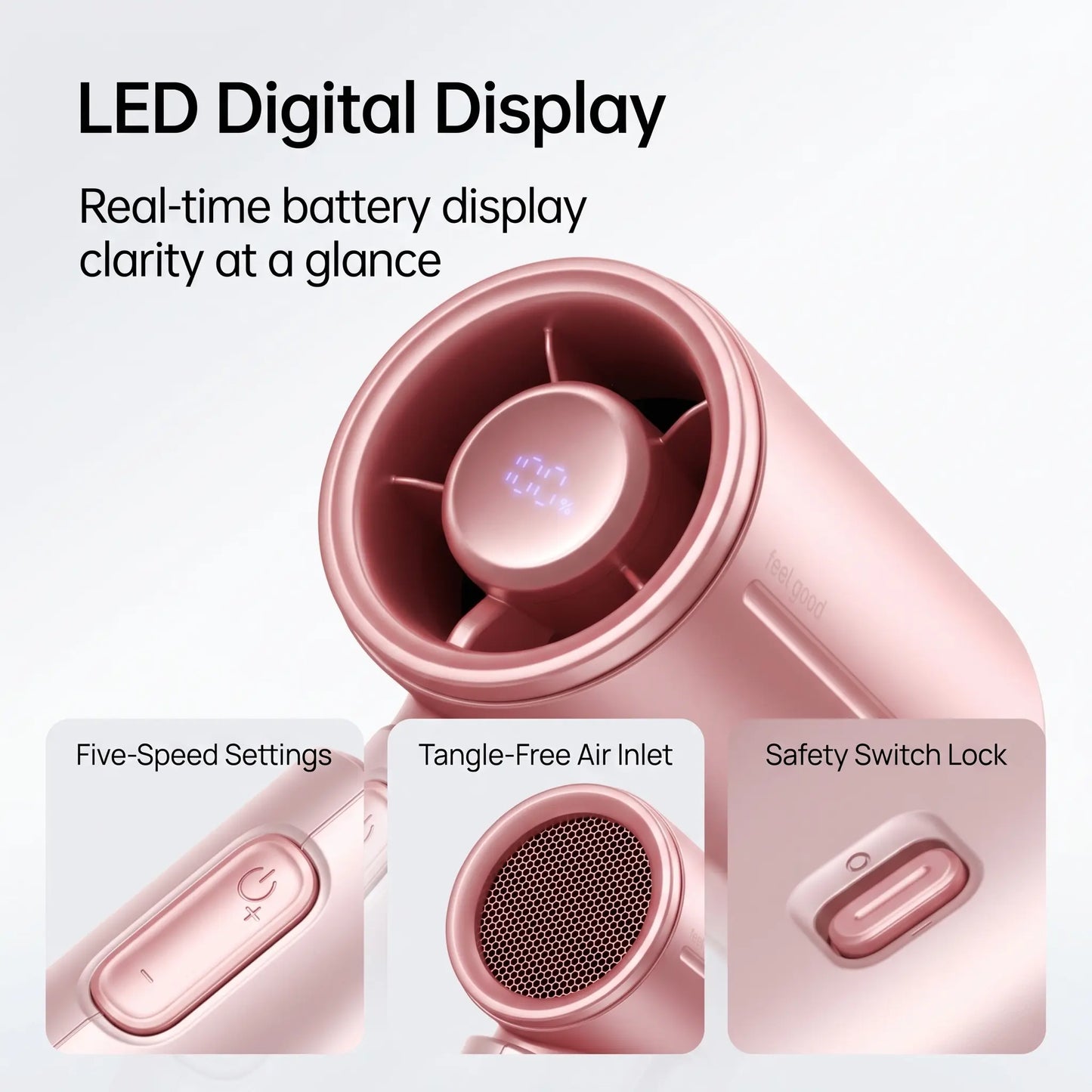 JISULIFE Life9S Handheld Mini Portable Rechargeable Fan - Sleek Stylish Design, 5-Speed Powerful High Power Cooling Fan, LED Display, 22H Battery, for Travel, Outdoor Use, Gifts for Women, Powerful Cooling Fan