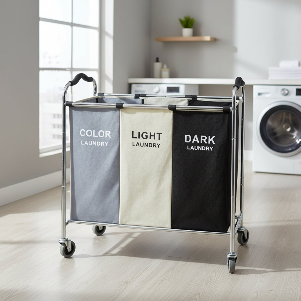 Laundry Basket with Wheels, 240L Laundry Hamper with 3 Section Laundry Bag for Dirty Clothes, Dorm Room Essentials, Towel Organization & Toys Storage Laundry Cart in Laundry Room Organization