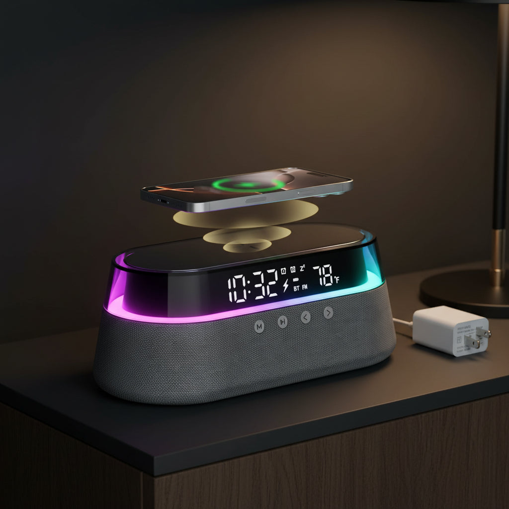6-In-1 Smart Alarm Clock - 15W Wireless Charger, Bluetooth Speaker, FM Radio, Dual Alarm, USB Charger & RGB Night Light