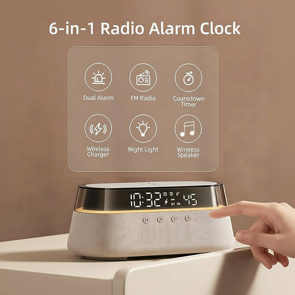 6-In-1 Smart Alarm Clock - 15W Wireless Charger, Bluetooth Speaker, FM Radio, Dual Alarm, USB Charger & RGB Night Light