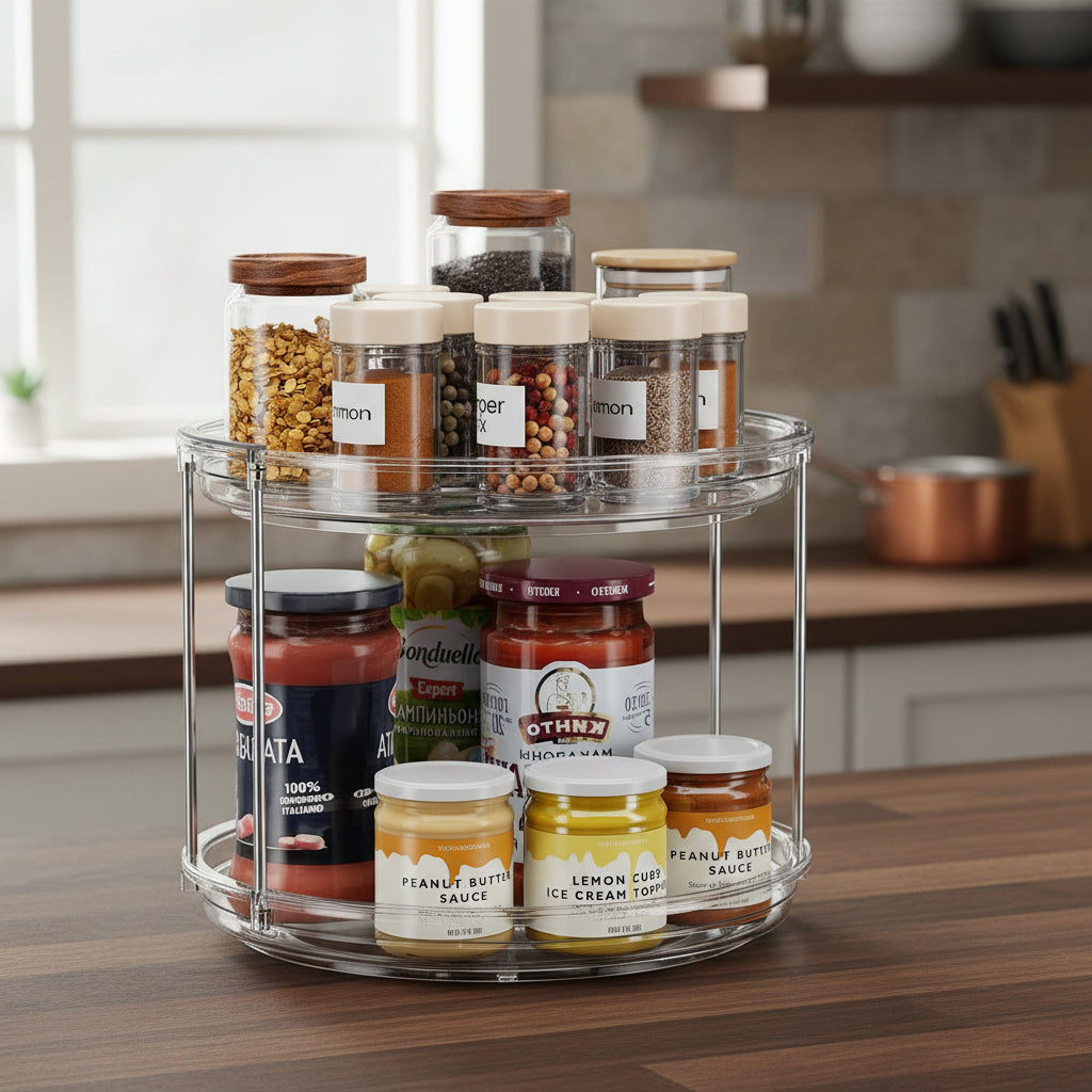 2 Tier Lazy Susan Turntable Organizer 9.25'' Rotating Spice Rack Organization for Cabinet, Kitchen, Pantry, Countertop, Bathroom, Vanity, Medicine Cabinet Organizer, Clear