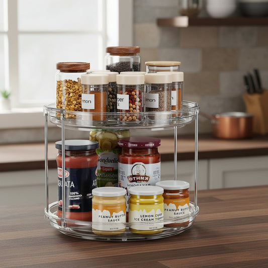 2 Tier Lazy Susan Turntable Organizer 9.25'' Rotating Spice Rack Organization for Cabinet, Kitchen, Pantry, Countertop, Bathroom, Vanity, Medicine Cabinet Organizer, Clear