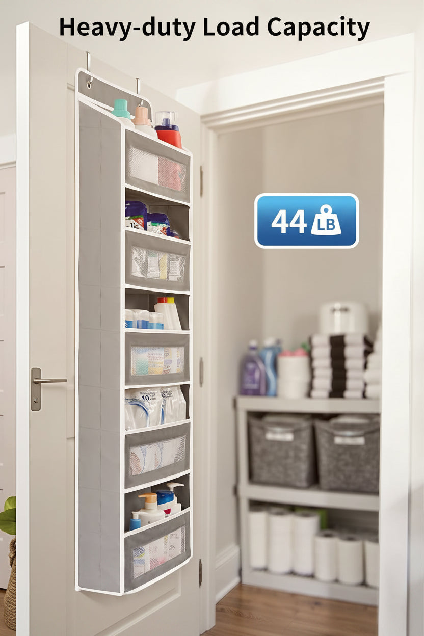 over the Door Organizer Storage, 5 Shelf Hanging Door Organizer with 5 Large Capacity Pockets, anti Tilt 44 Lb Load behind Door Storage for Bedroom, Bathroom, Pantry, Nursery, (Grey)