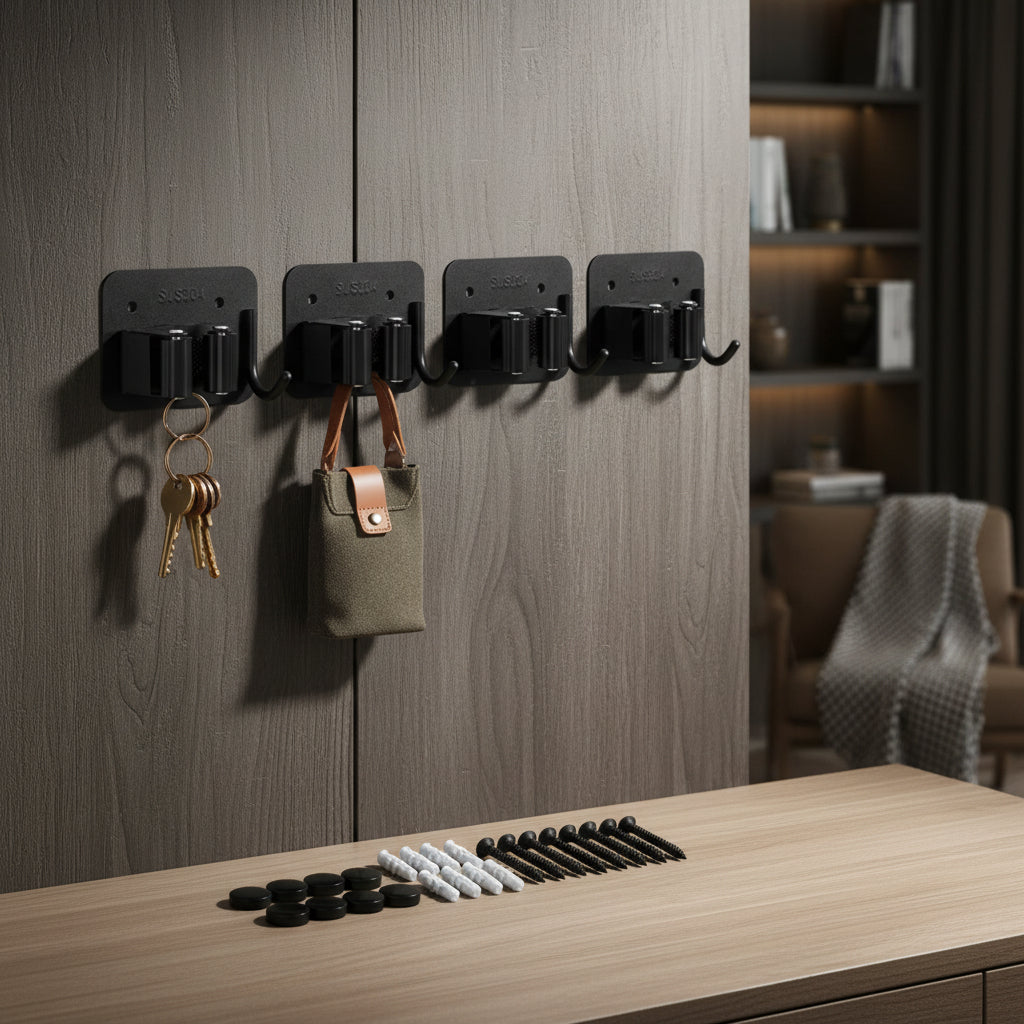 Broom Mop Holder with Hooks Wall Mounted Broom Storage Rack No Drilling Self-Adhesive Mop Broom Organizer for Bathroom