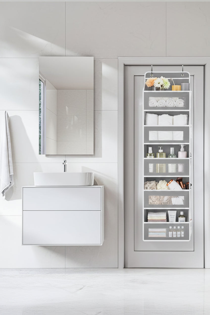 over the Door Organizer Storage, 5 Shelf Hanging Door Organizer with 5 Large Capacity Pockets, anti Tilt 44 Lb Load behind Door Storage for Bedroom, Bathroom, Pantry, Nursery, (Grey)