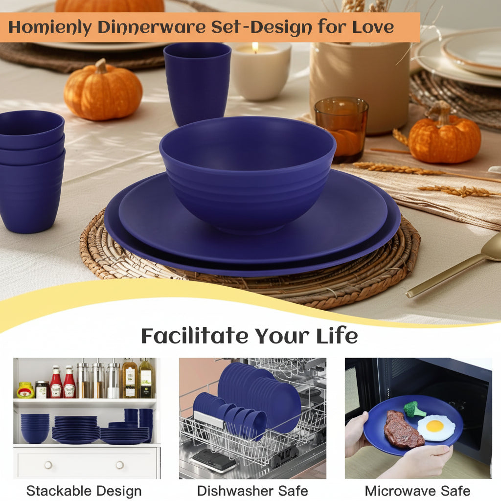 40 Pcs Wheat Straw Dinnerware Sets, Dinner Plates, Cups, Pasta Bowls, Dishes Set for 8, Microwave Safe Plates and Bowls Sets, Blue