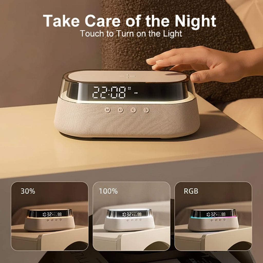 6-In-1 Smart Alarm Clock - 15W Wireless Charger, Bluetooth Speaker, FM Radio, Dual Alarm, USB Charger & RGB Night Light