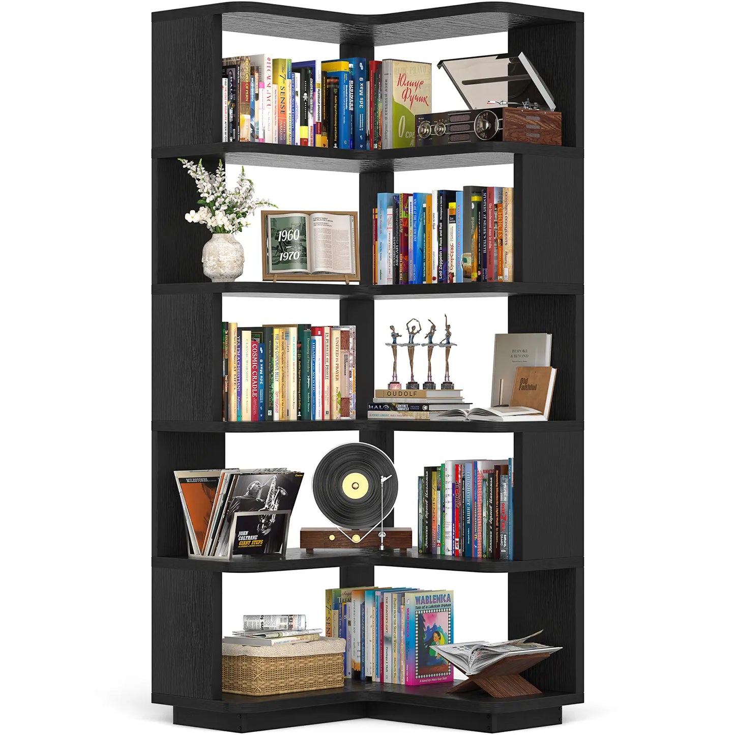 Corner Wooden Bookshelf, Freestanding L-Shaped Bookcase with Baffle, Sturdy Display Shelf Stand Furniture with Shelves for Home Office,Living Room, Bedroom