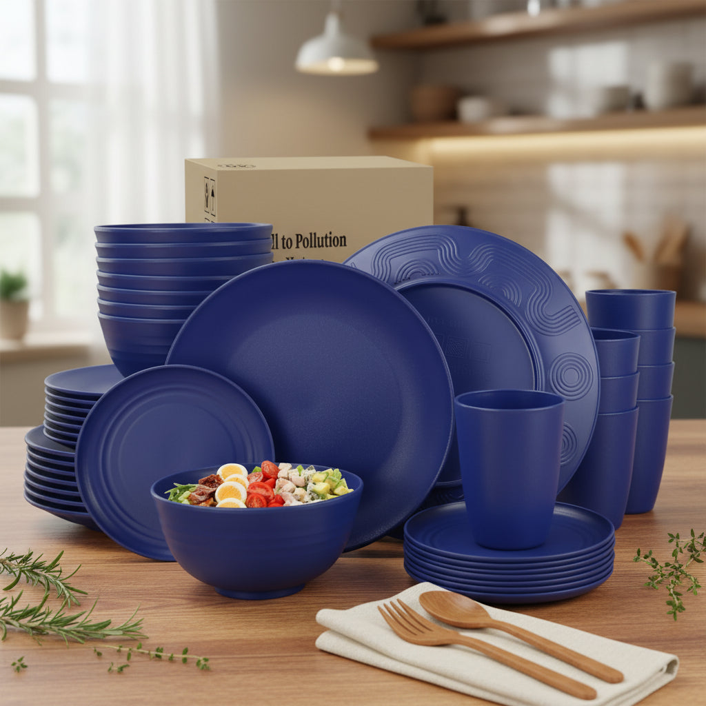 40 Pcs Wheat Straw Dinnerware Sets, Dinner Plates, Cups, Pasta Bowls, Dishes Set for 8, Microwave Safe Plates and Bowls Sets, Blue