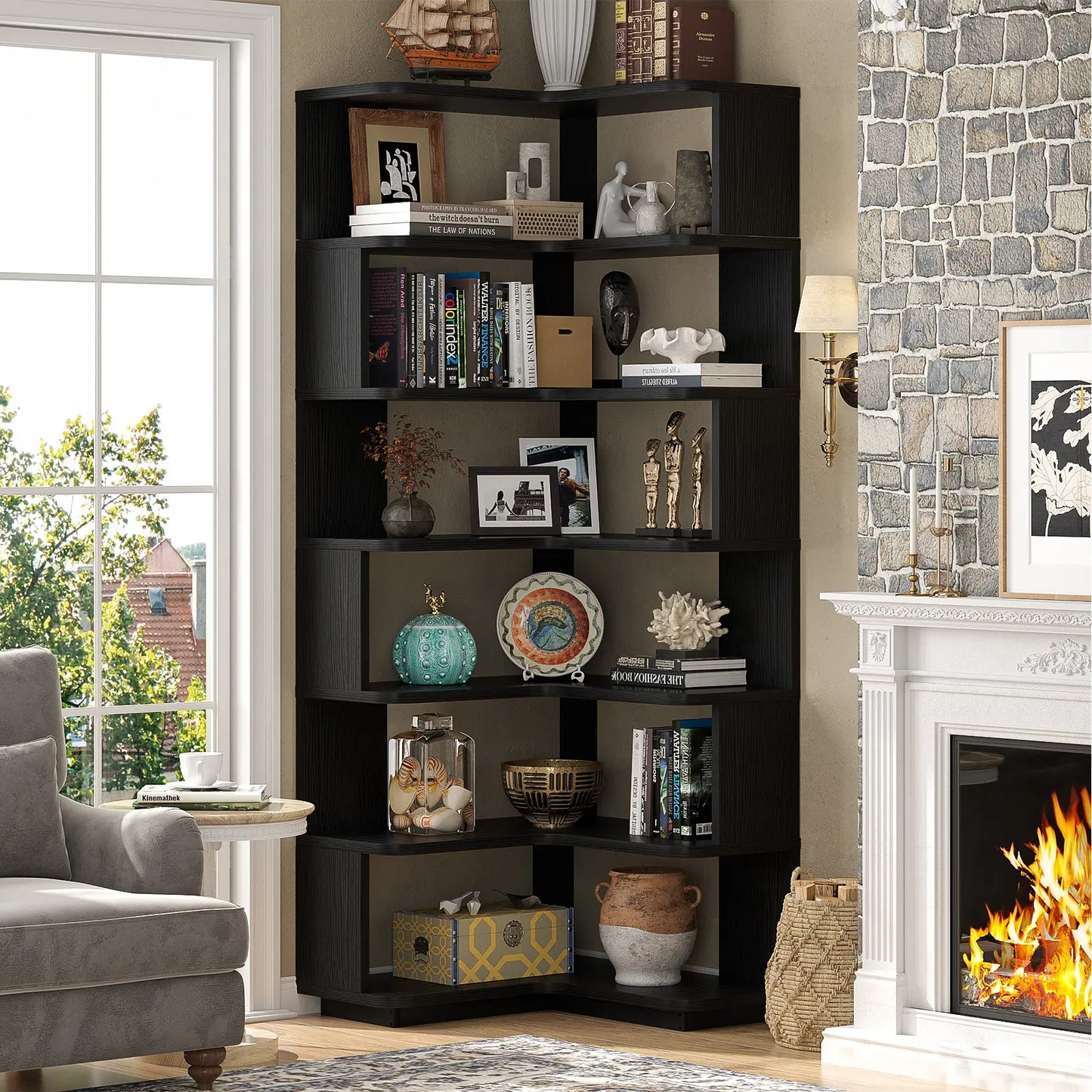Corner Wooden Bookshelf, Freestanding L-Shaped Bookcase with Baffle, Sturdy Display Shelf Stand Furniture with Shelves for Home Office,Living Room, Bedroom