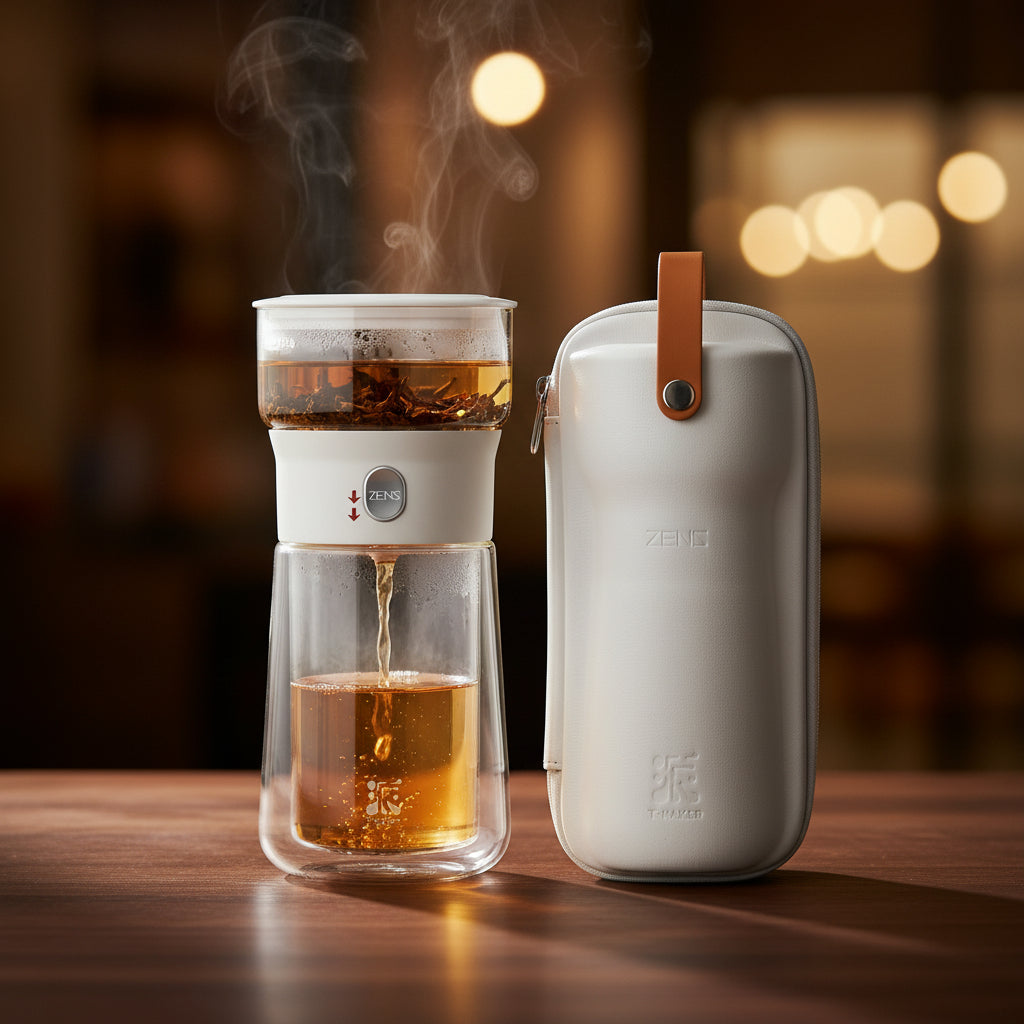 ZENS Modern Borosilicate Glass Teapot with One-Touch Infuser for Loose Leaf Tea Insulated Mug Portable Tea Kit for Office Travel Ideal Gift for Tea Lovers - Wooden