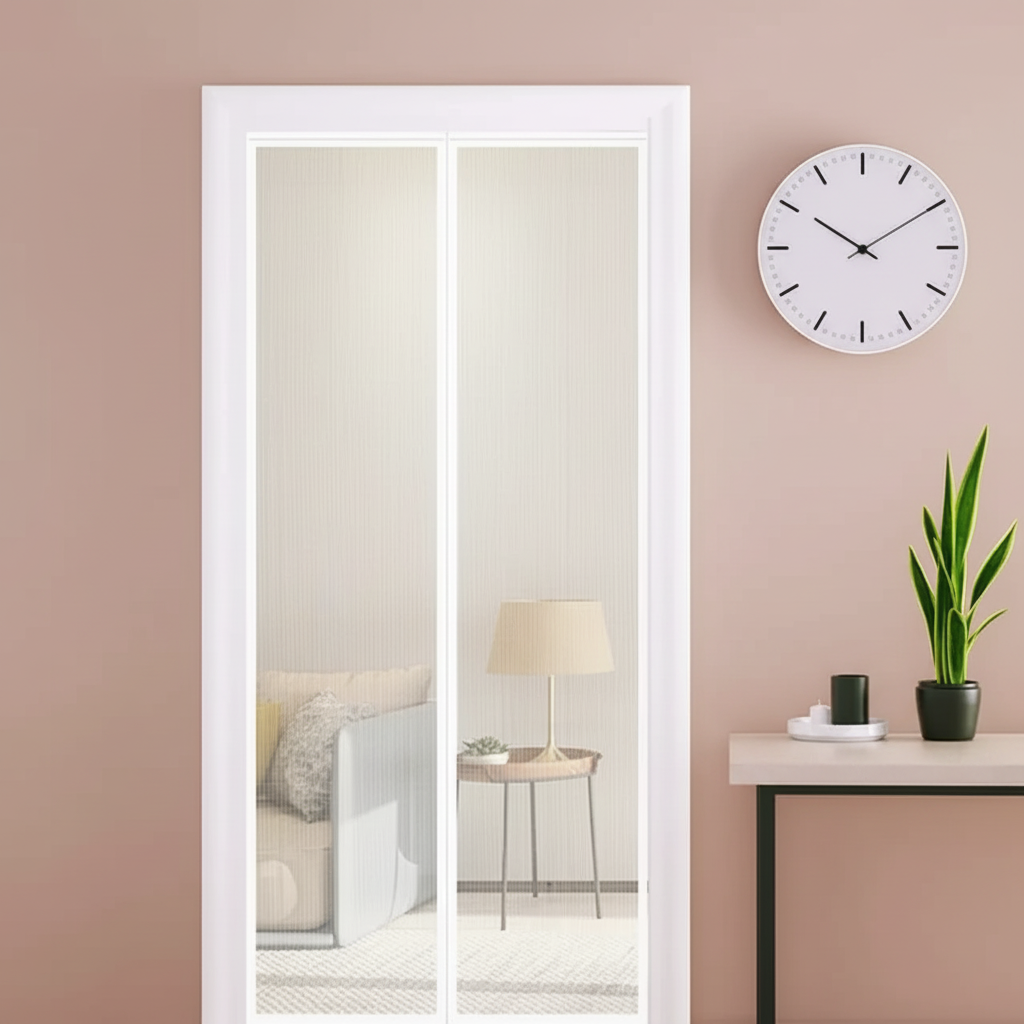 Modern interior design with a mirror, clock, and plant on a white wall.