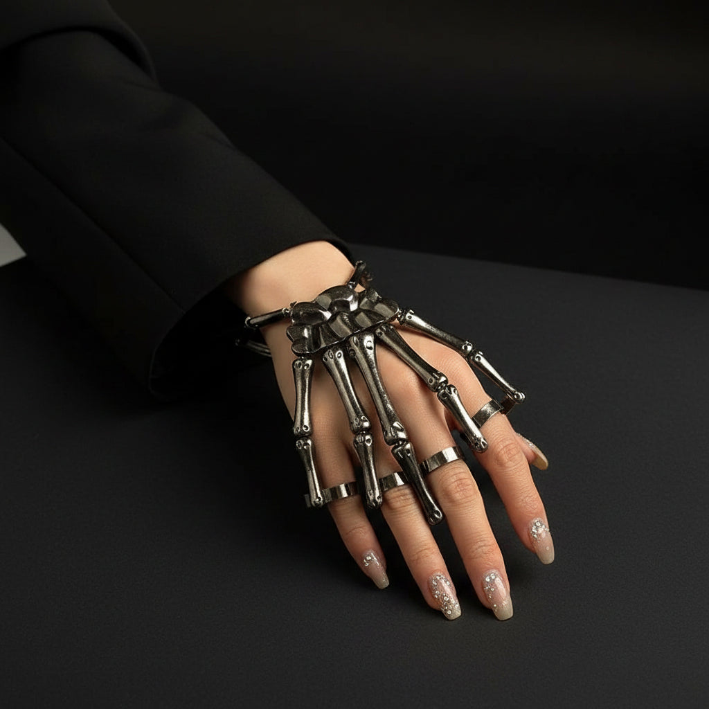 Gothic Skeleton Bone Hand Bracelet with Ring Unisex Punk Style Adjustable Metal Skull Finger Bangle Bracelet for Women Men