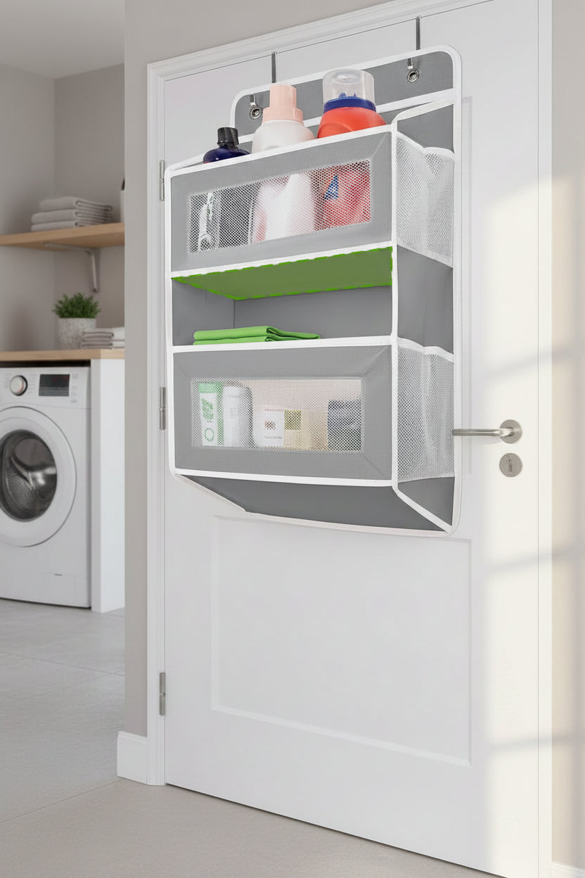 over the Door Organizer Storage, 5 Shelf Hanging Door Organizer with 5 Large Capacity Pockets, anti Tilt 44 Lb Load behind Door Storage for Bedroom, Bathroom, Pantry, Nursery, (Grey)