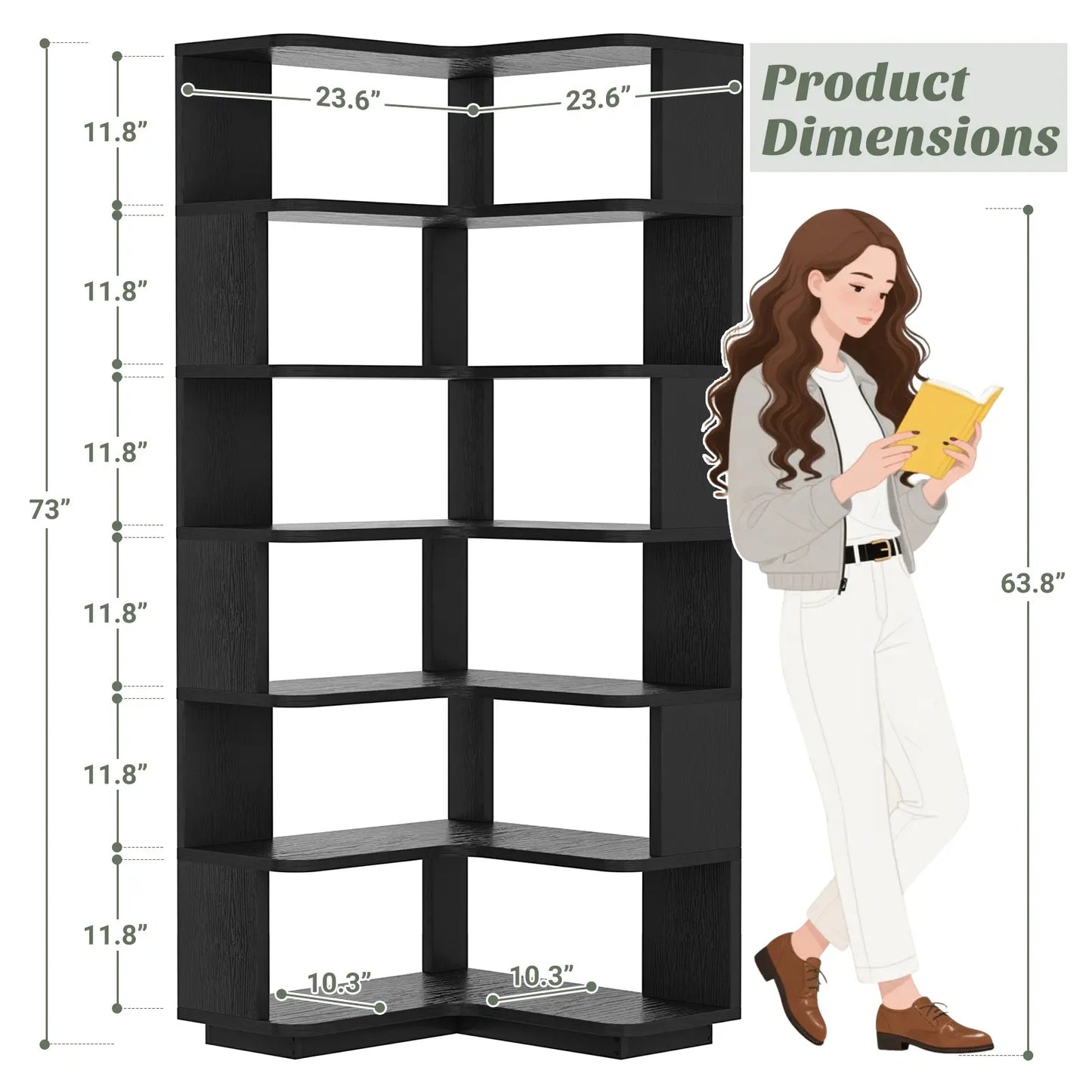 Corner Wooden Bookshelf, Freestanding L-Shaped Bookcase with Baffle, Sturdy Display Shelf Stand Furniture with Shelves for Home Office,Living Room, Bedroom