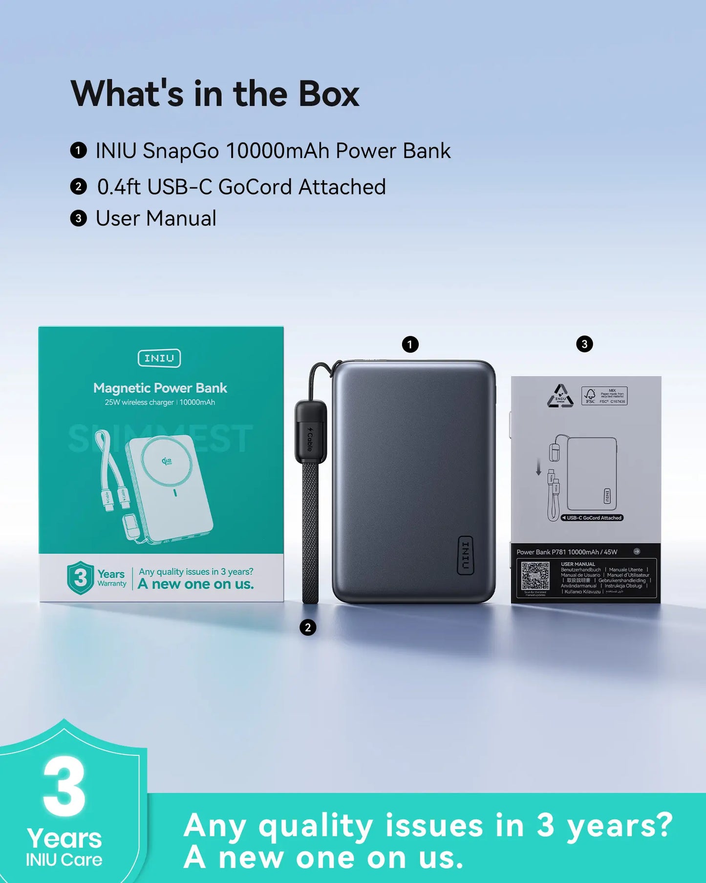 INIU P781 Snapgo Air Qi2.2 Certified 25W 10000Mah Magnetic Power Bank, Ultra Slim 45W Fast Charging Power Bank Travel Wireless Metal Battery Pack, Detachable Lanyard USB C Cable Phone Charger for Iphone 17 16 15 14 13 12 Series,Summerwins