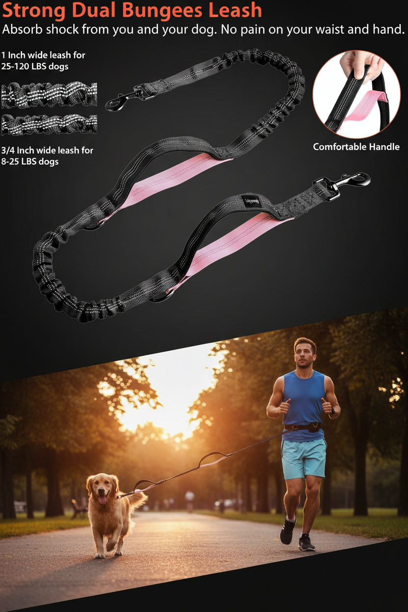 Hands Free Dog Running Leash with Waist Belt, Dual Handle Elastic Bungees Retractable Rope for Medium and Large Dogs, Reflective Stitches for Walking Hiking Biking (Large Pink, 25-120Lb