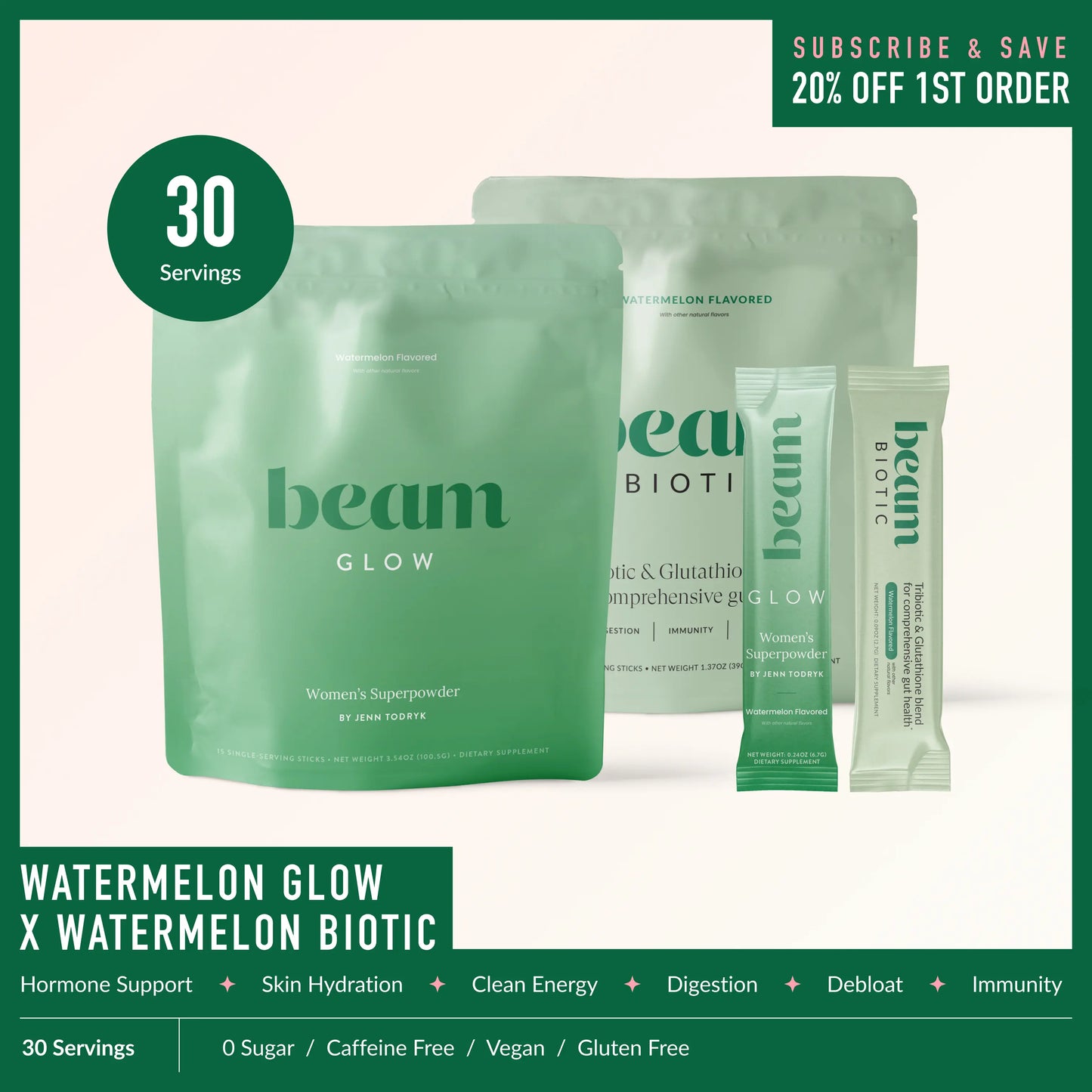Beam Glow + Biotic Duo — 30 Single-Serve Sticks for Hormone Balance & Gut Health (Strawberry Kiwi + Mixed Berry)