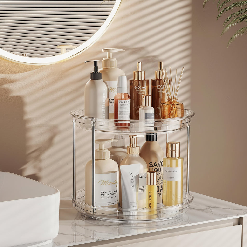 2 Tier Lazy Susan Turntable Organizer 9.25'' Rotating Spice Rack Organization for Cabinet, Kitchen, Pantry, Countertop, Bathroom, Vanity, Medicine Cabinet Organizer, Clear