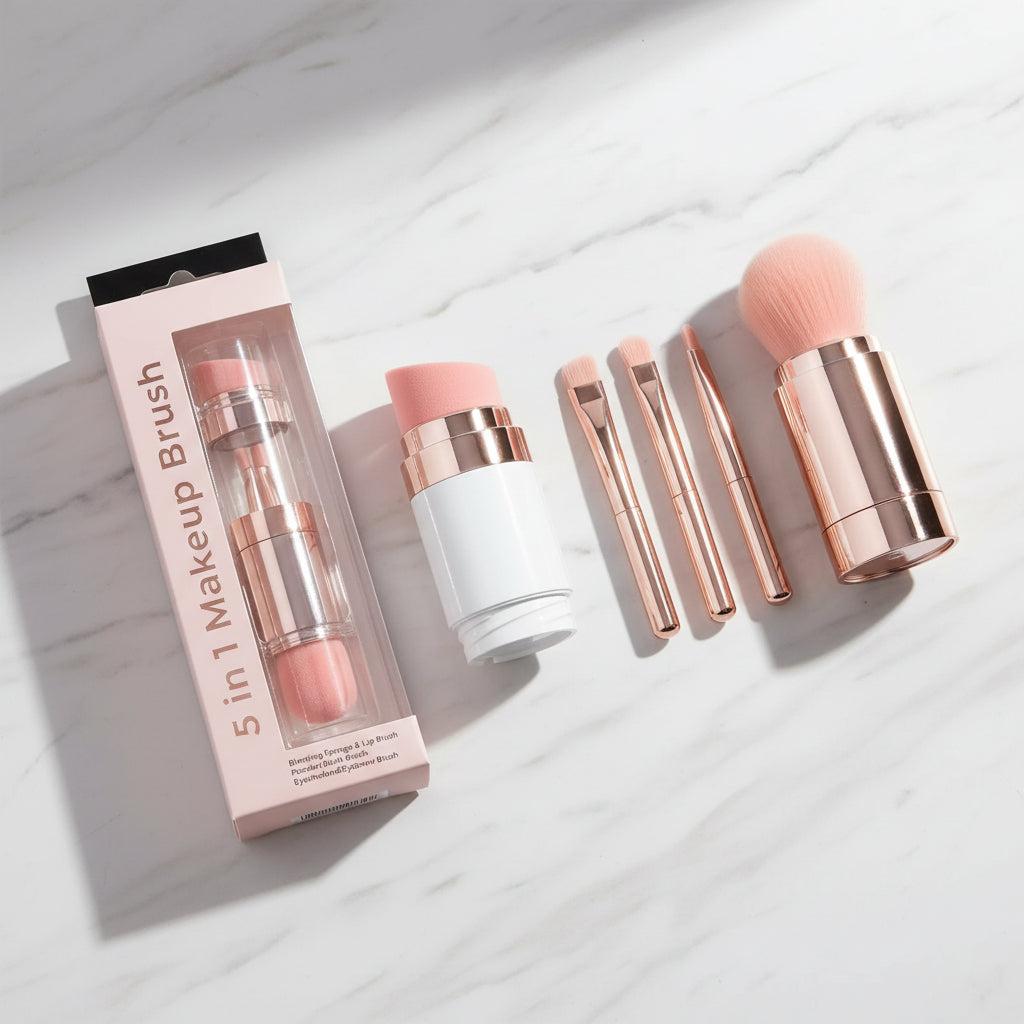 5-in-1 Portable Retractable Makeup Brush Set – Compact Cosmetic Tools for Foundation, Eyebrows, Lips, Eyeshadow & Powder 💄✨