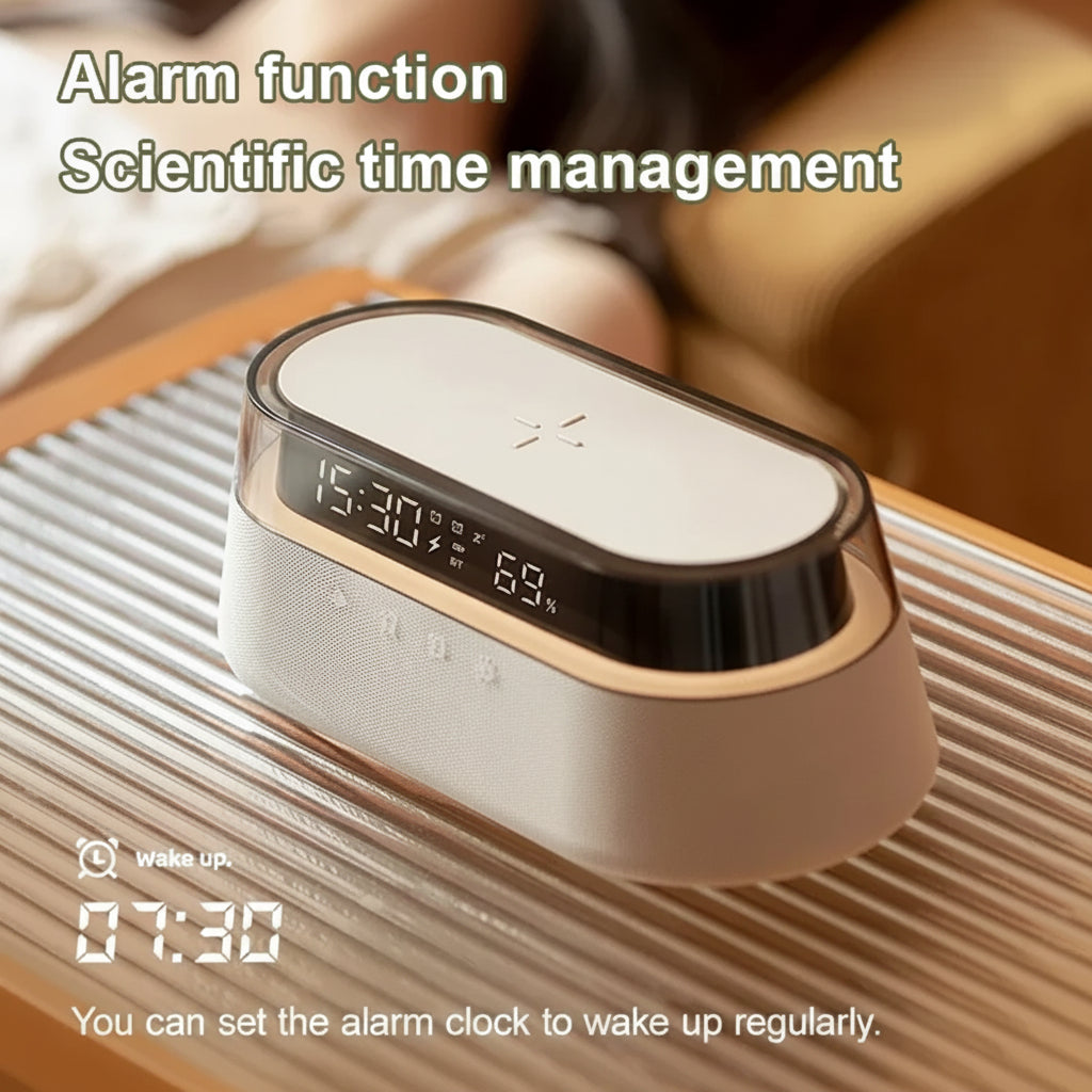 6-In-1 Smart Alarm Clock - 15W Wireless Charger, Bluetooth Speaker, FM Radio, Dual Alarm, USB Charger & RGB Night Light