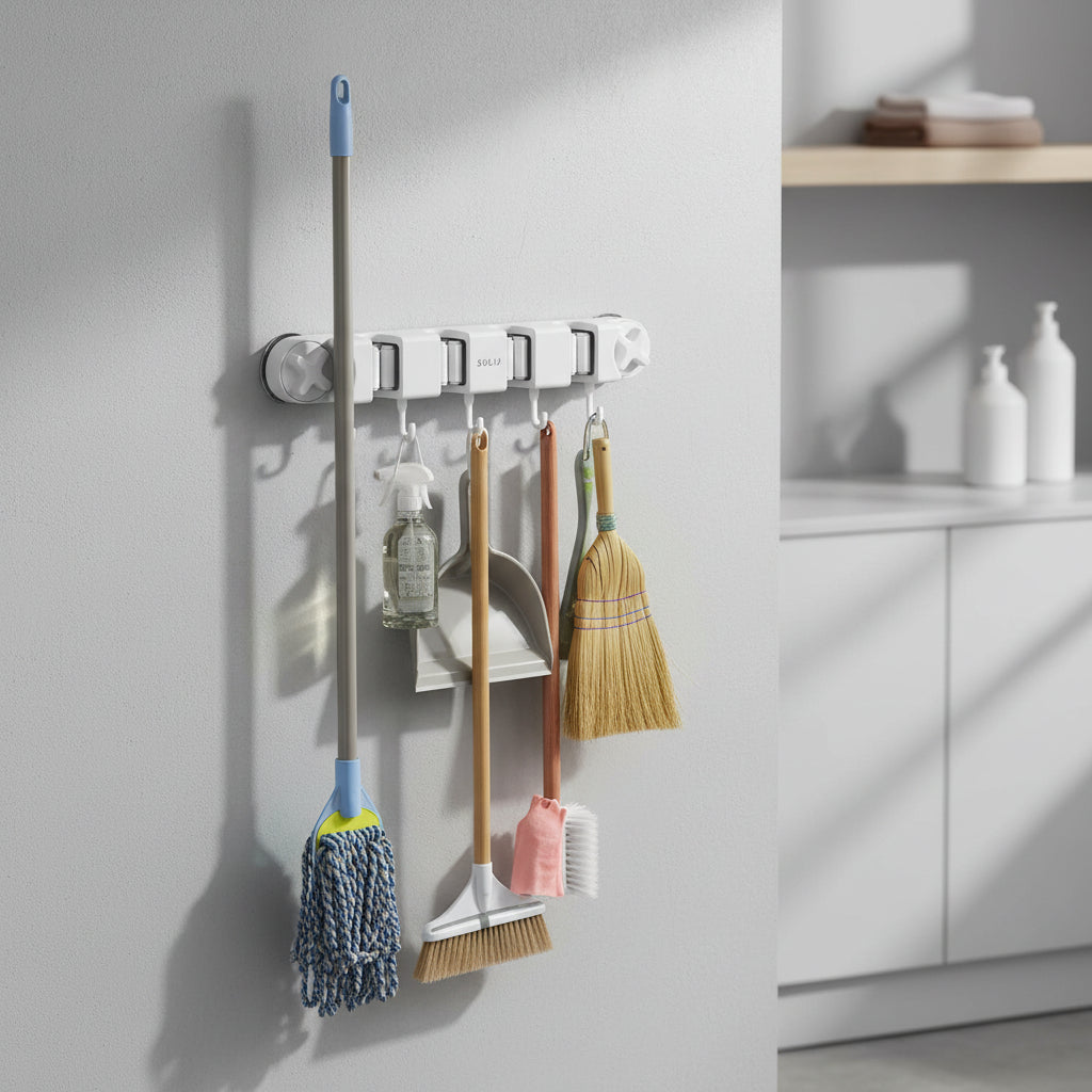 Broom Mop Holder with Hooks Wall Mounted Broom Storage Rack No Drilling Self-Adhesive Mop Broom Organizer for Bathroom
