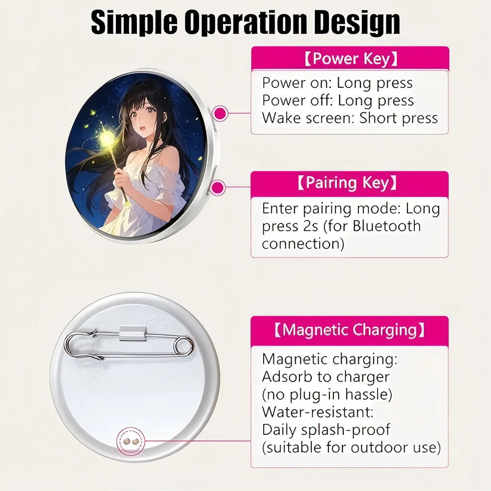 PS Touch Display Image GIFS Sideshow & Videos Wearable Mini Screen Digital Pin Badge Self‑Expression, Cheering Support, Event、