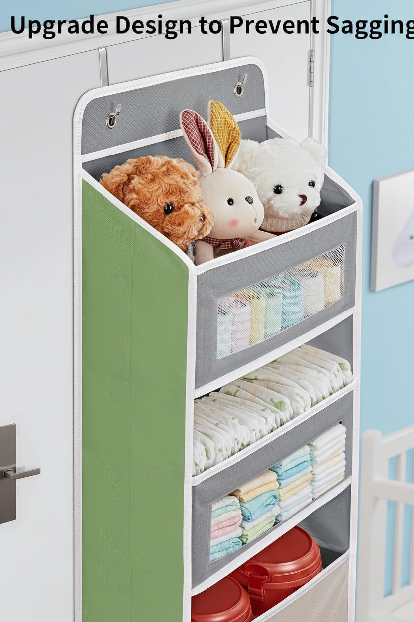 over the Door Organizer Storage, 5 Shelf Hanging Door Organizer with 5 Large Capacity Pockets, anti Tilt 44 Lb Load behind Door Storage for Bedroom, Bathroom, Pantry, Nursery, (Grey)