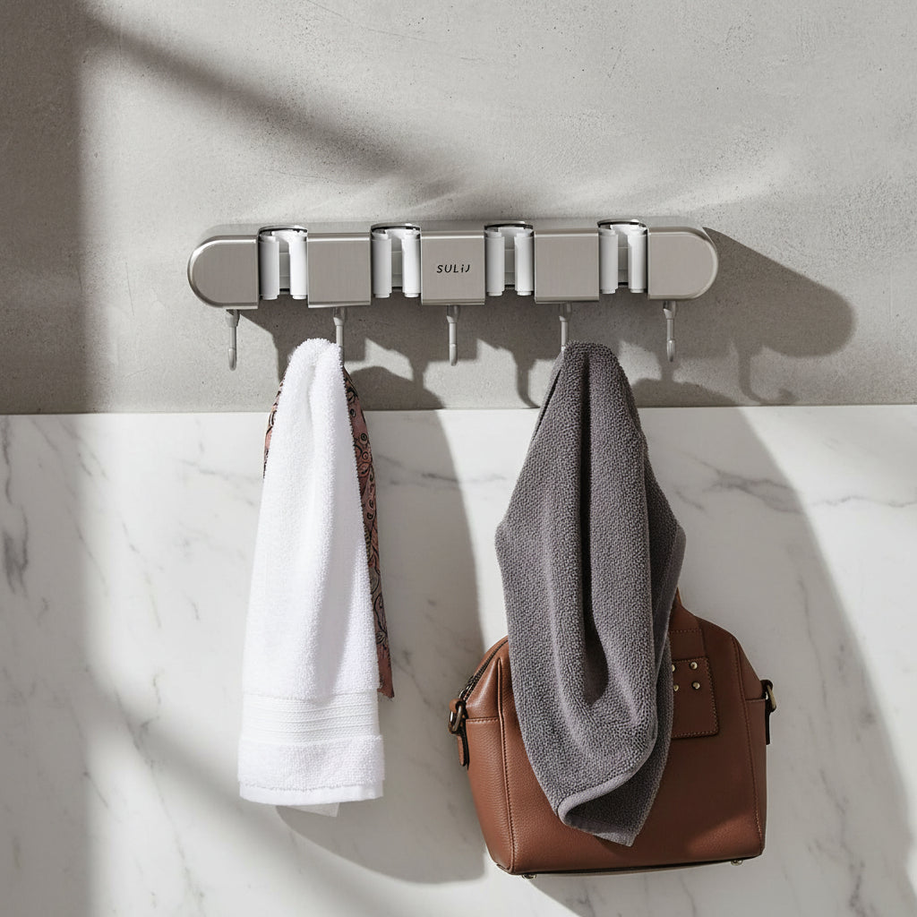 Broom Mop Holder with Hooks Wall Mounted Broom Storage Rack No Drilling Self-Adhesive Mop Broom Organizer for Bathroom