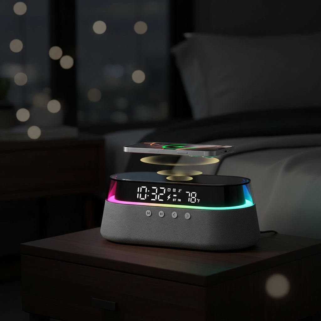 6-In-1 Smart Alarm Clock - 15W Wireless Charger, Bluetooth Speaker, FM Radio, Dual Alarm, USB Charger & RGB Night Light