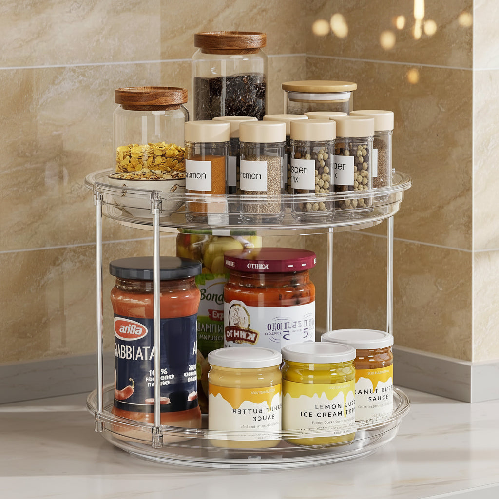 2 Tier Lazy Susan Turntable Organizer 9.25'' Rotating Spice Rack Organization for Cabinet, Kitchen, Pantry, Countertop, Bathroom, Vanity, Medicine Cabinet Organizer, Clear