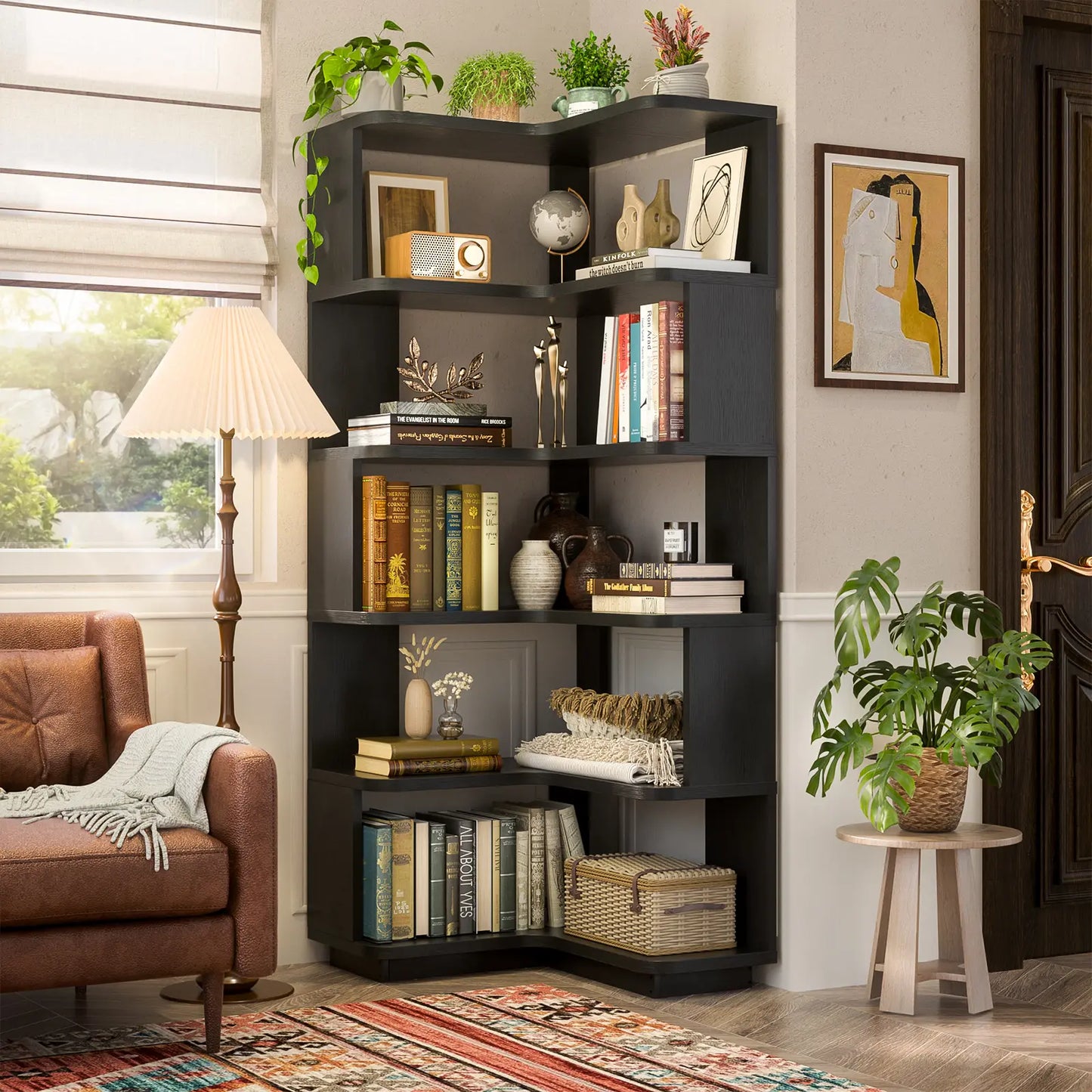 Corner Wooden Bookshelf, Freestanding L-Shaped Bookcase with Baffle, Sturdy Display Shelf Stand Furniture with Shelves for Home Office,Living Room, Bedroom