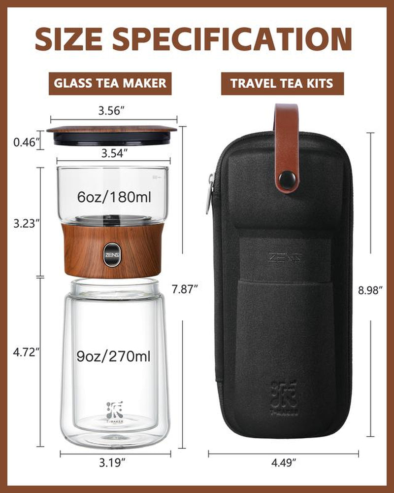 ZENS Modern Borosilicate Glass Teapot with One-Touch Infuser for Loose Leaf Tea Insulated Mug Portable Tea Kit for Office Travel Ideal Gift for Tea Lovers - Wooden