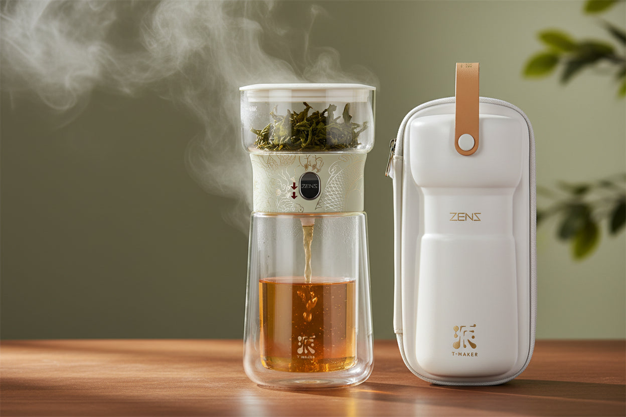 ZENS Modern Borosilicate Glass Teapot with One-Touch Infuser for Loose Leaf Tea Insulated Mug Portable Tea Kit for Office Travel Ideal Gift for Tea Lovers - Wooden