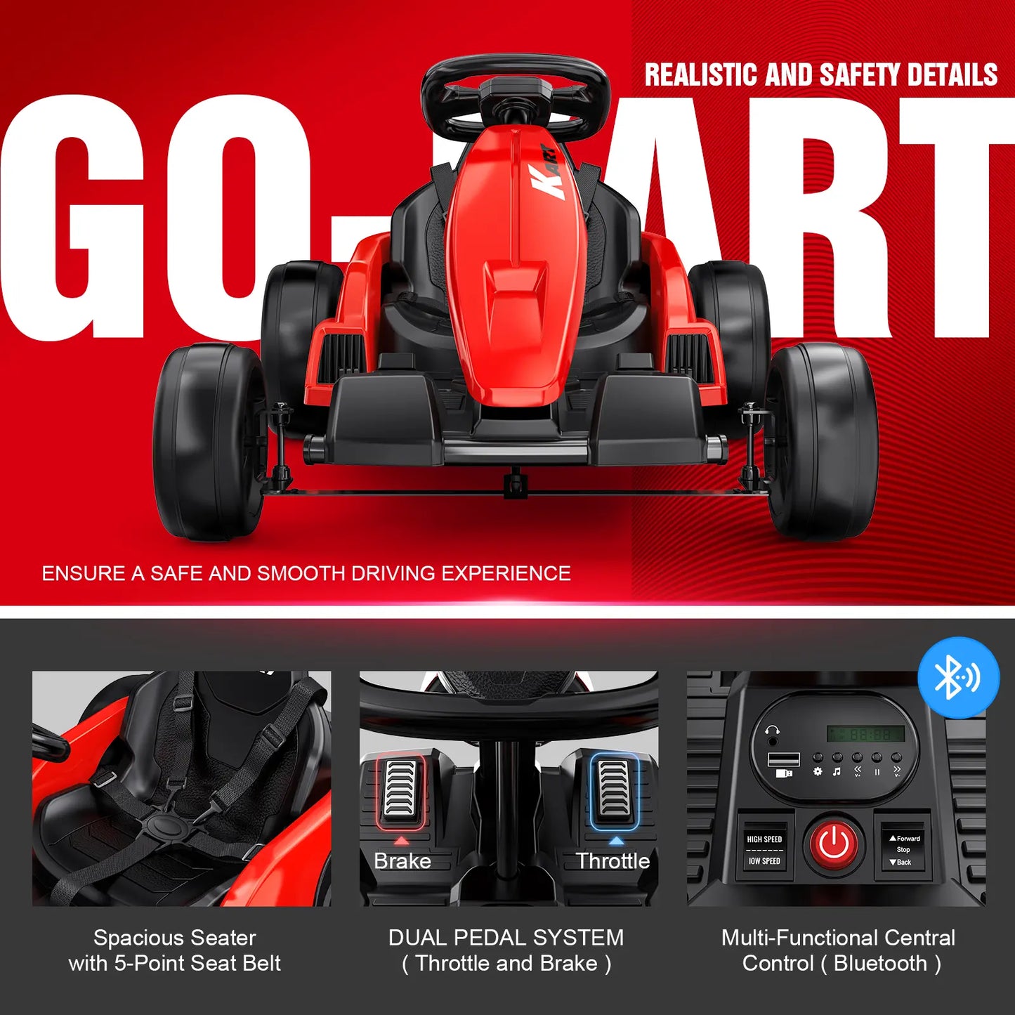 【Akeleo】24V Electric Go Kart, Drift Vehicle, Outdoor Toy Car, One-Button Start, Rrear-Wheel Drive, Supercar Frame, Two-Point Seat Belt, MP3 Music. Crazy Go Kart for Kids (3-8 Years Old) Summerwins