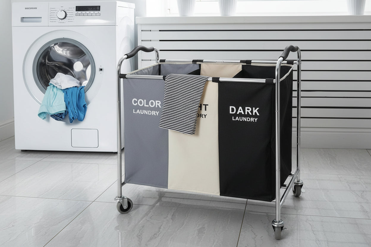 Laundry Basket with Wheels, 240L Laundry Hamper with 3 Section Laundry Bag for Dirty Clothes, Dorm Room Essentials, Towel Organization & Toys Storage Laundry Cart in Laundry Room Organization