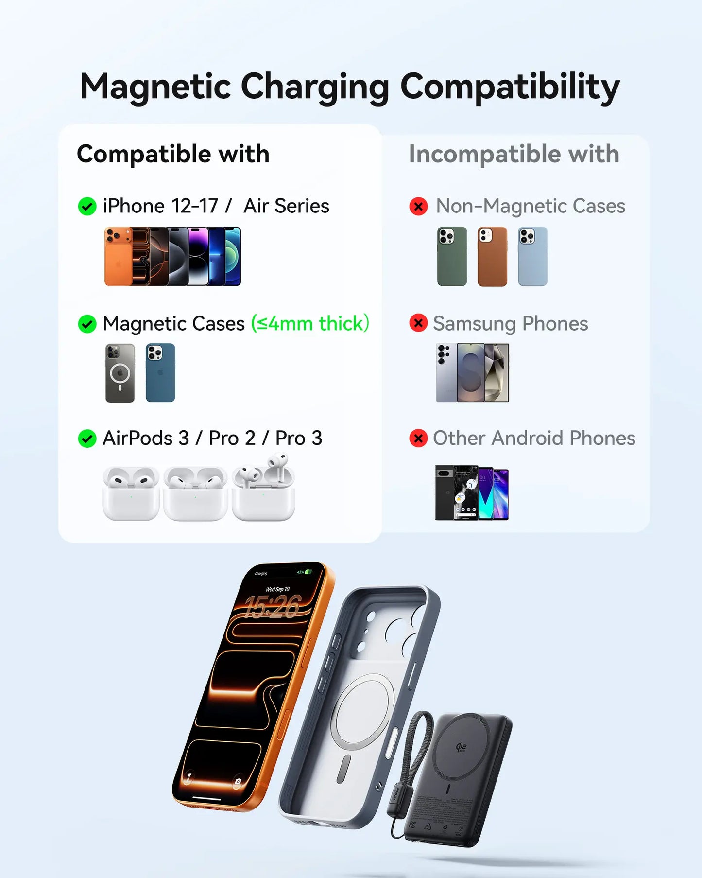 INIU P781 Snapgo Air Qi2.2 Certified 25W 10000Mah Magnetic Power Bank, Ultra Slim 45W Fast Charging Power Bank Travel Wireless Metal Battery Pack, Detachable Lanyard USB C Cable Phone Charger for Iphone 17 16 15 14 13 12 Series,Summerwins