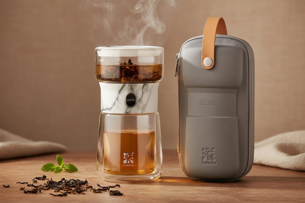 ZENS Modern Borosilicate Glass Teapot with One-Touch Infuser for Loose Leaf Tea Insulated Mug Portable Tea Kit for Office Travel Ideal Gift for Tea Lovers - Wooden