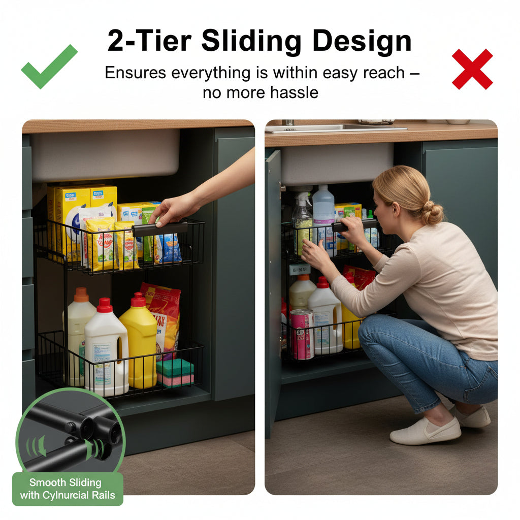 under Sink Organizer, 2 Tier under the Sink Storage, Slide Out Pull Out Cabinet Organizer Shelf, Metal Sliding Drawer for Kitchen Bathroom Pantry Closet Organization Rack, Black, 2 Pack