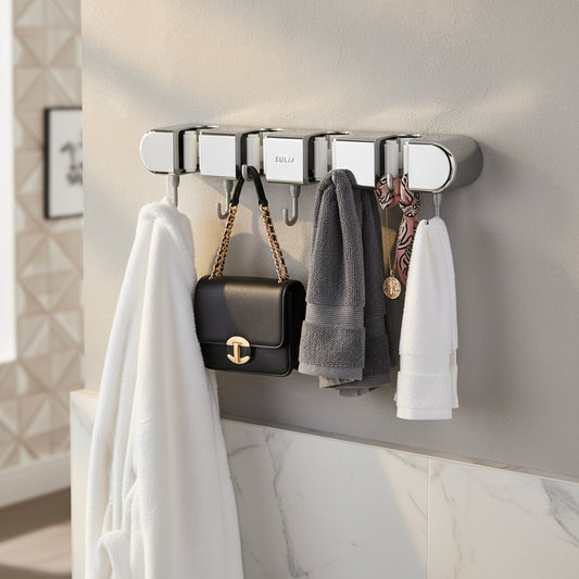 Broom Mop Holder with Hooks Wall Mounted Broom Storage Rack No Drilling Self-Adhesive Mop Broom Organizer for Bathroom