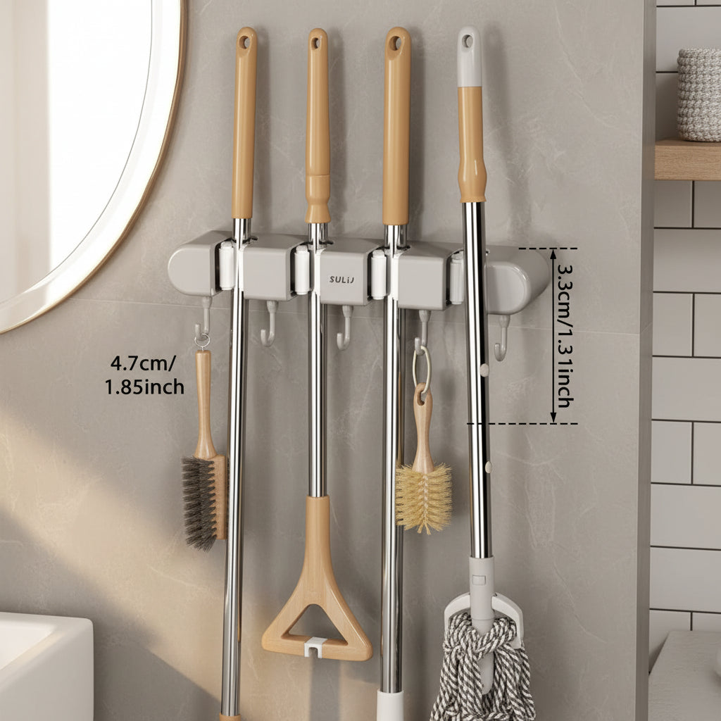 Broom Mop Holder with Hooks Wall Mounted Broom Storage Rack No Drilling Self-Adhesive Mop Broom Organizer for Bathroom